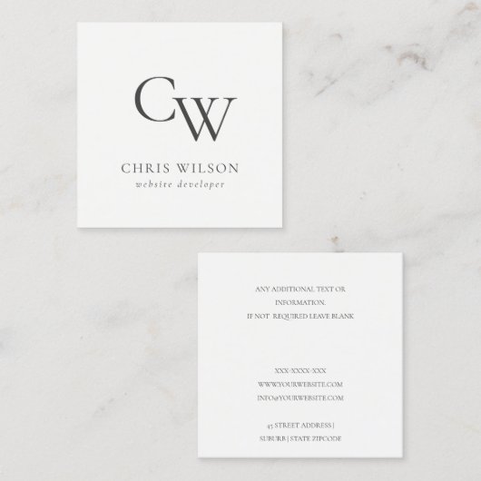 ミニマルシンプルブラック&ホワイトモノグラムイニシャル スクエア名刺 (正面/裏面)