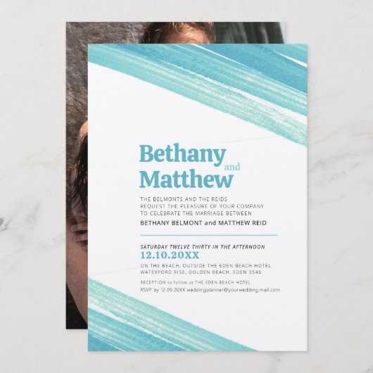 ミニマルシンプルムのアクアインクストライプストローク 招待状 (正面/裏面)