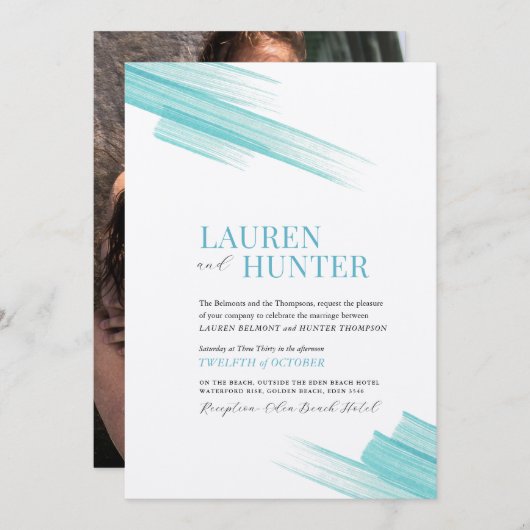 ミニマルシンプルムのアクアインクストローク線 招待状 (正面/裏面)