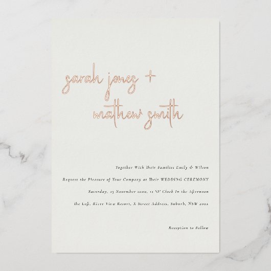 ミニマルシンプルモダン白黒結婚スクリプト 箔招待状 (正面)