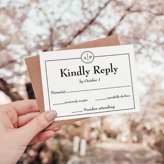 ミニマルシンプルモノグラムイニシャルウェディングRSVPカード 出欠カード