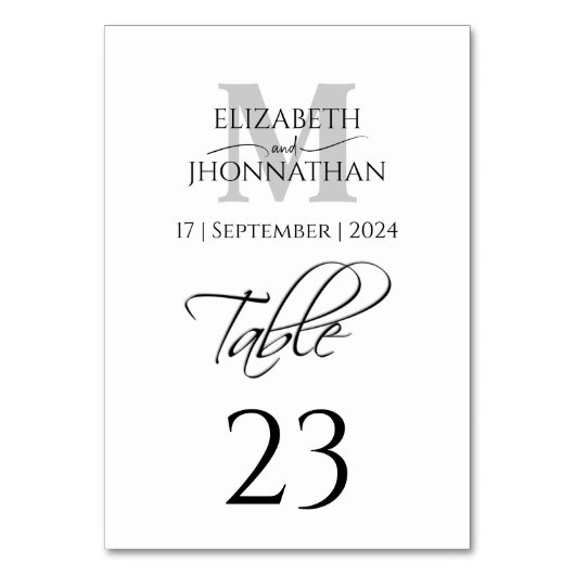 ミニマルシンプルリストのグレーモノグラム名結婚日付 テーブルナンバー (裏面)