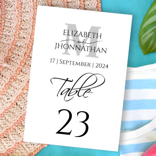 ミニマルシンプルリストのグレーモノグラム名結婚日付 テーブルナンバー