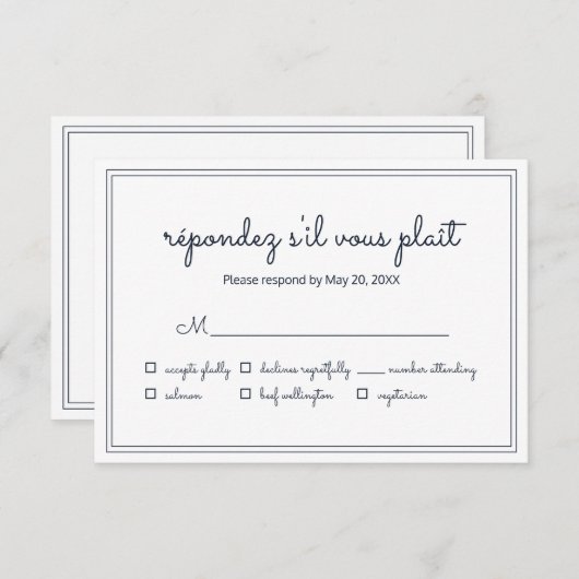 ミニマルシンプルリストの草書体ウェディングRSVP 出欠カード (正面/裏面)