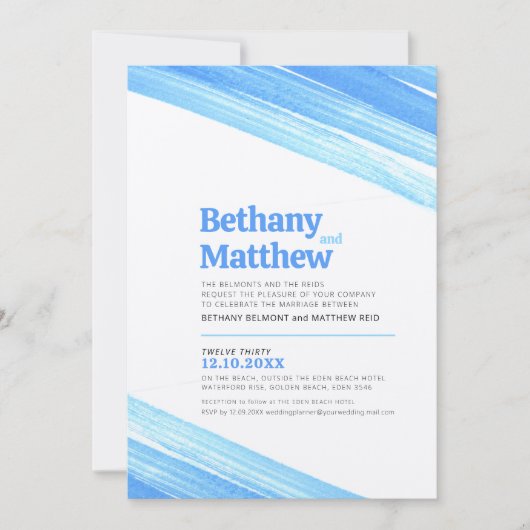 ミニマルシンプルリストの青いインクストロークストライプの 招待状 (正面)