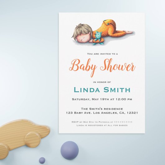 ミニマルシンプルリストオレンジベビースリープパーティー 招待状