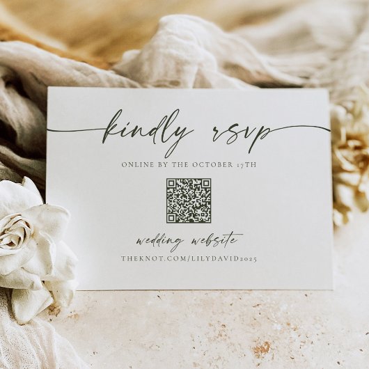 ミニマルシンプルリストグリーンオリーブRSVP QRコードカード ノートカード