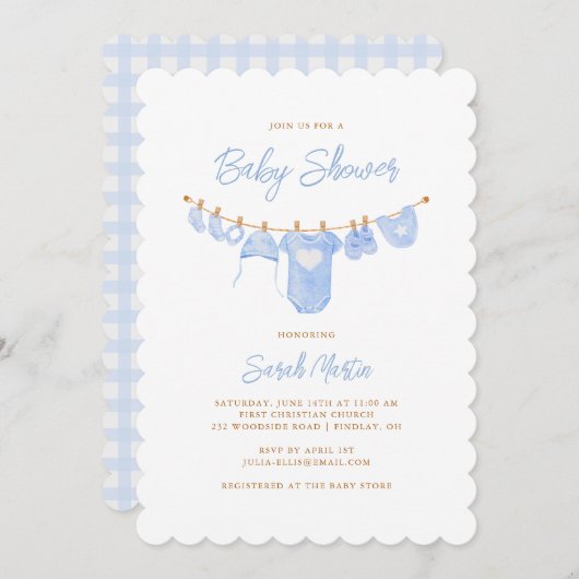 ミニマルシンプルリストスカイブルースカロップドベビーシャワー 招待状 (正面/裏面)