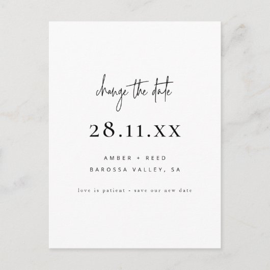 ミニマルシンプルリストスクリプトフォント日付の変更 案内ポストカード (正面)