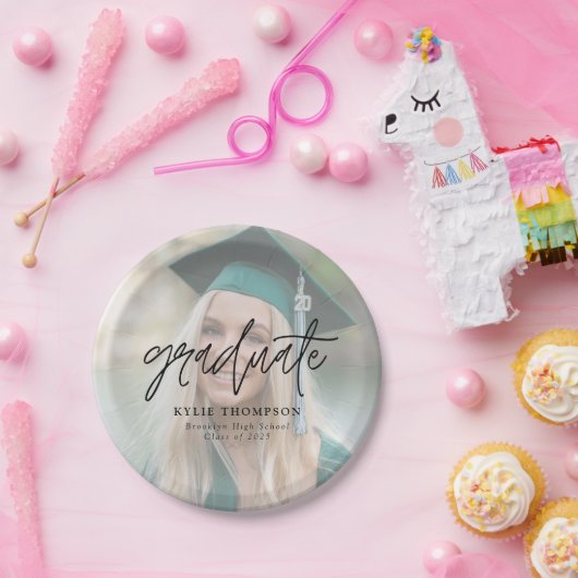 ミニマルシンプルリストスクリプト卒業フォトオーバーレイ ペーパープレート (パーティー)