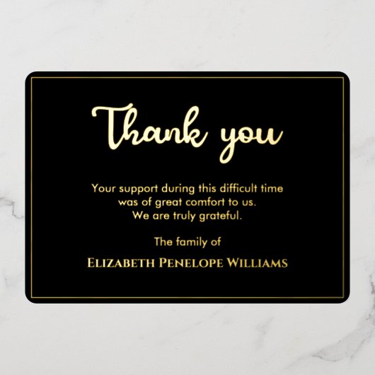 ミニマルシンプルリストブラックと金ゴールド記念葬儀 箔招待状 (正面)