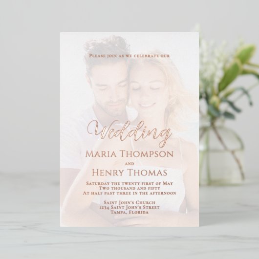 ミニマルシンプルリストブラックスクリプト書道写真 箔招待状 (立ち正面)