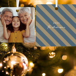 ミニマルシンプルリストブルーとベージュの家族の写真 メタルオーナメント