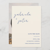 ミニマルシンプルリストブルーフォトウェディング日付を保存 招待状 (正面/裏面)