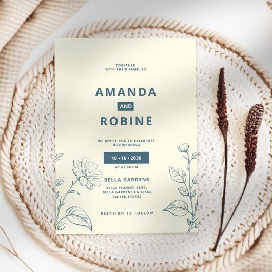 ミニマルシンプルリストブルーフローラ結婚式招待状 招待状
