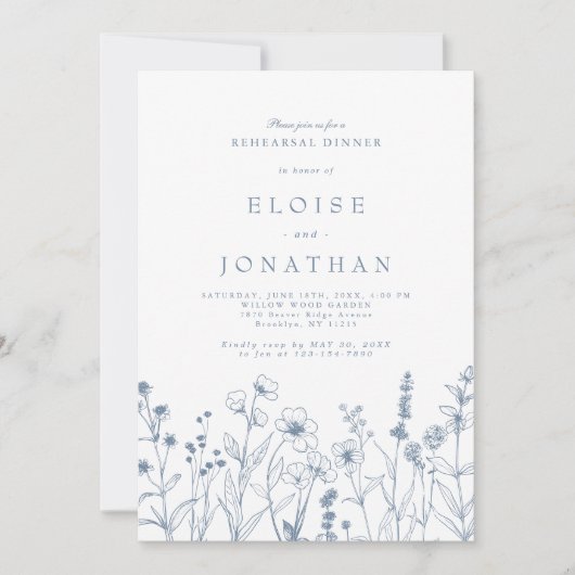 ミニマルシンプルリストブルーワイルドフラワーリハーサルディナー 招待状 (正面)