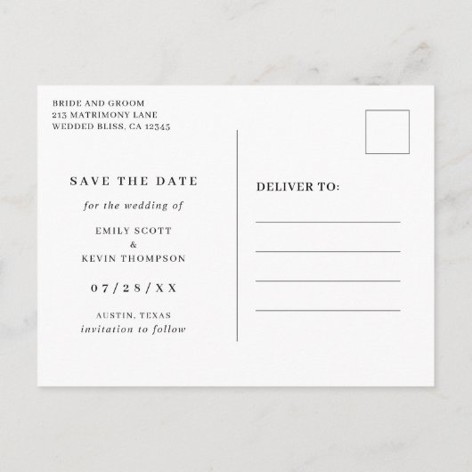 ミニマルシンプルリスト写真結婚式の日付を保存 インビテーションポストカード (裏面)