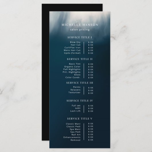 ミニマルシンプルリスト抽象芸術写真ブルー価格表 メニュー (正面/裏面)