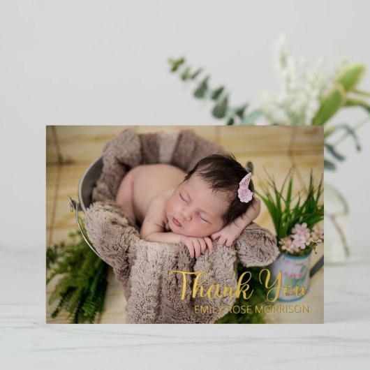 ミニマルシンプルリスト1枚フォトベビーシャワーありがとう 箔シーズンカード (立ち正面)