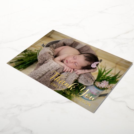 ミニマルシンプルリスト1枚フォトベビーシャワーありがとう 箔シーズンカード (回転した状態)