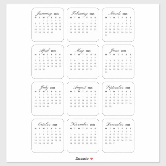 ミニマルシンプルリスト2025年カレンダー月 シール (シート)