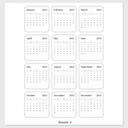 ミニマルシンプルリスト2025年カレンダー月 シール (シート)