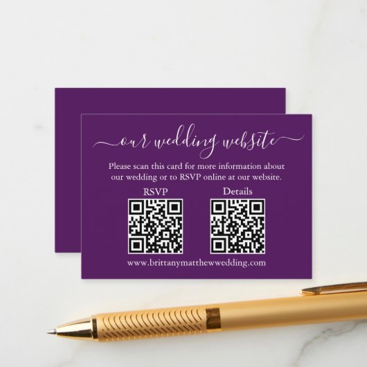 ミニマルシンプルリスト2 QRウェディングRSVP詳細紫 エンクロージャーカード (正面/裏面インサイチュ)