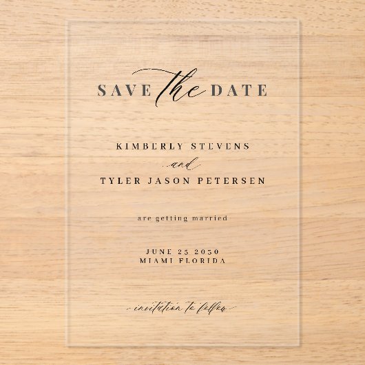 ミニマルシンプル主義のエレガントな結婚式は日付を保存 アクリル招待状 (正面)