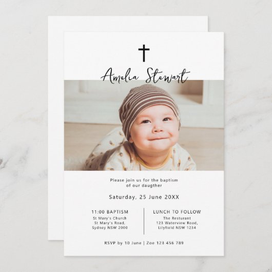 ミニマルシンプル主義の写真バプテスマ《キリスト教》洗礼式や命名式 招待状 (正面/裏面)