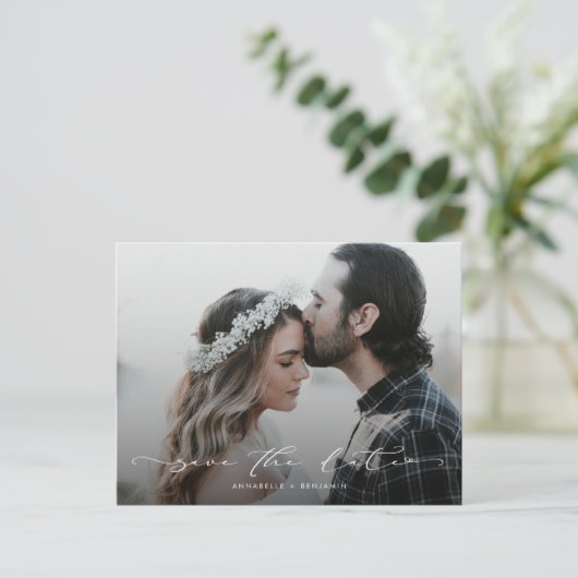 ミニマルシンプル主義の写真結婚式の日付を保存 ポストカード (スタンド正面)