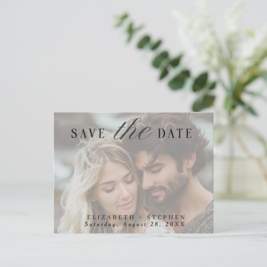 ミニマルシンプル主義の写真結婚式の日付を保存 案内ポストカード (スタンド正面)