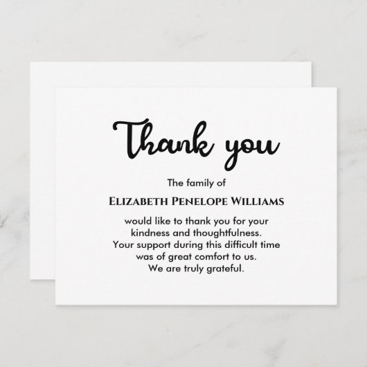 ミニマルシンプル主義の白黒の葬儀記念碑 サンキューカード (正面/裏面)