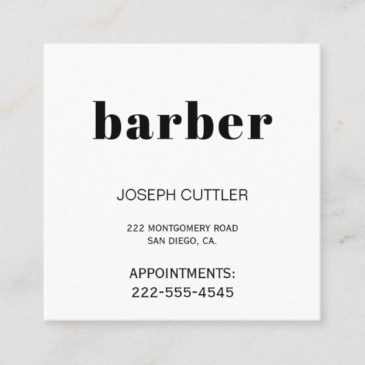 ミニマルシンプル主義の白黒理容師スタイリスト スクエア名刺 (正面)