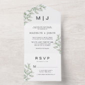 ミニマルシンプル主義の緑のモノグラム結婚のオールイン オールインワン招待状 (内側)
