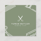 ミニマルシンプル主義シザーバーバーショップセージ緑 スクエア名刺 (正面)