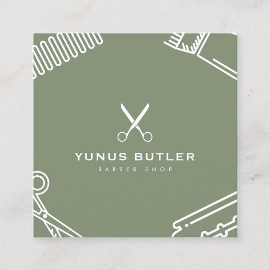 ミニマルシンプル主義シザーバーバーショップセージ緑 スクエア名刺 (正面)