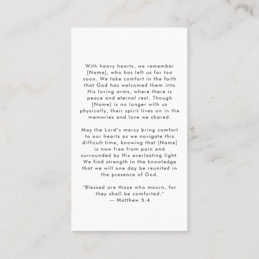ミニマルシンプル主義フォト葬儀祈りの言葉カード 名刺 (裏面)