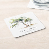 ミニマルシンプル水彩植物樹結婚林 スクエアペーパーコースター (アングル)