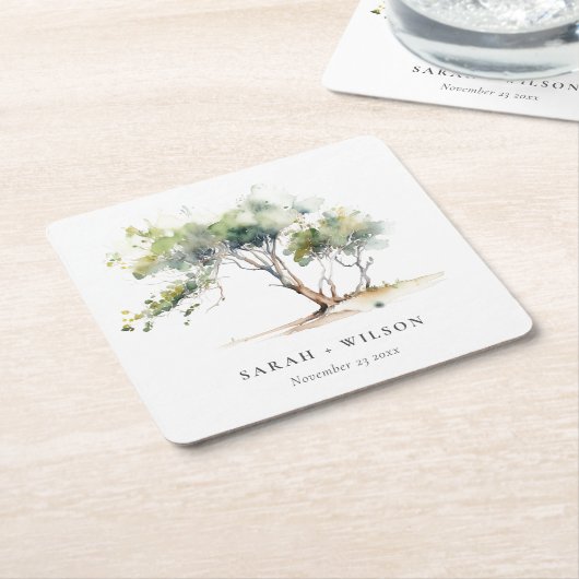 ミニマルシンプル水彩植物樹結婚林 スクエアペーパーコースター (アングル)