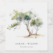 ミニマルシンプル水彩植物樹結婚林 ワインラベル (シングルラベル)