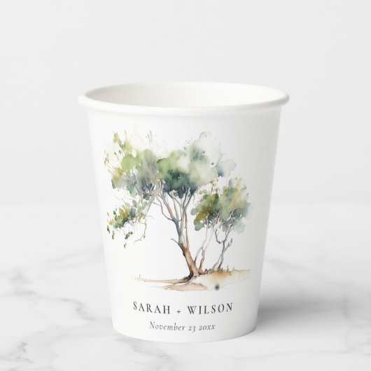 ミニマルシンプル水彩植物樹結婚林 紙コップ (正面)