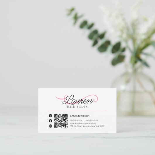 ミニマルシンプル白ピンクヘアスタイリストQRコード 名刺 (スタンド正面)