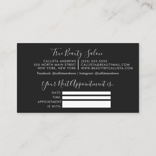 ミニマルシンプル白黒スクリプトアポイントメント 名刺 (裏面)