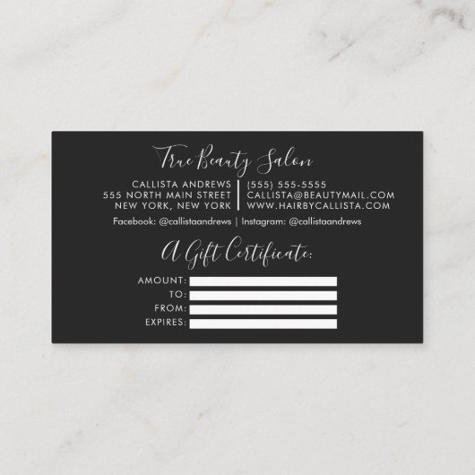 ミニマルシンプル白黒スクリプトギフト証明書 名刺 (裏面)