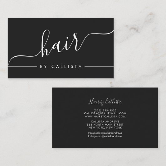 ミニマルシンプル白黒スクリプトヘア 名刺 (正面/裏面)