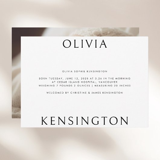 ミニマルシンプル白黒写真ベビー誕生 案内状