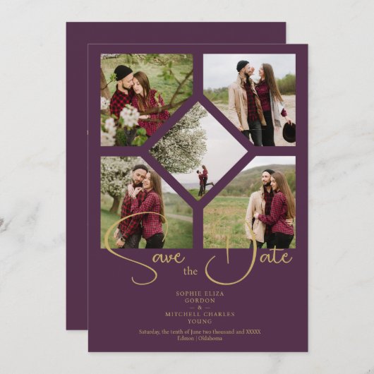 ミニマルシンプル結婚の5枚の写真ファンシーコラージュ セーブザデート (正面/裏面)