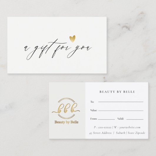 ミニマルシンプル金ゴールドハートロゴギフト証明書 名刺 (正面/裏面)
