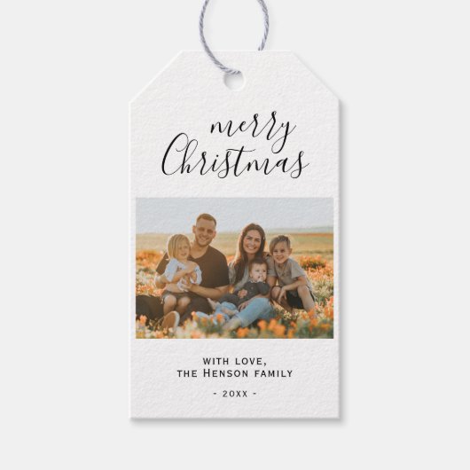 ミニマルシンプルChristmas Script家族写真 ギフトタグ (正面)