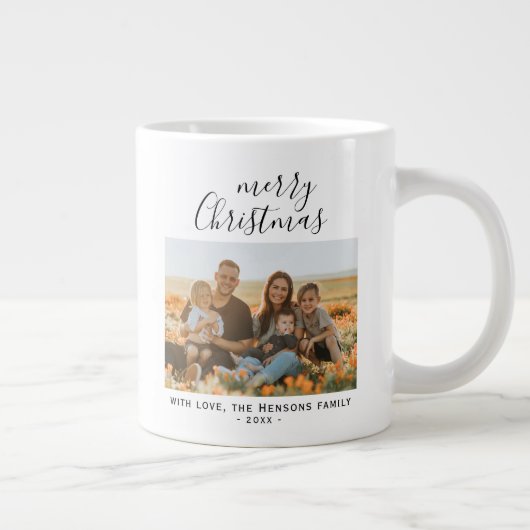 ミニマルシンプルChristmas Script家族写真 ジャンボコーヒーマグカップ (右)